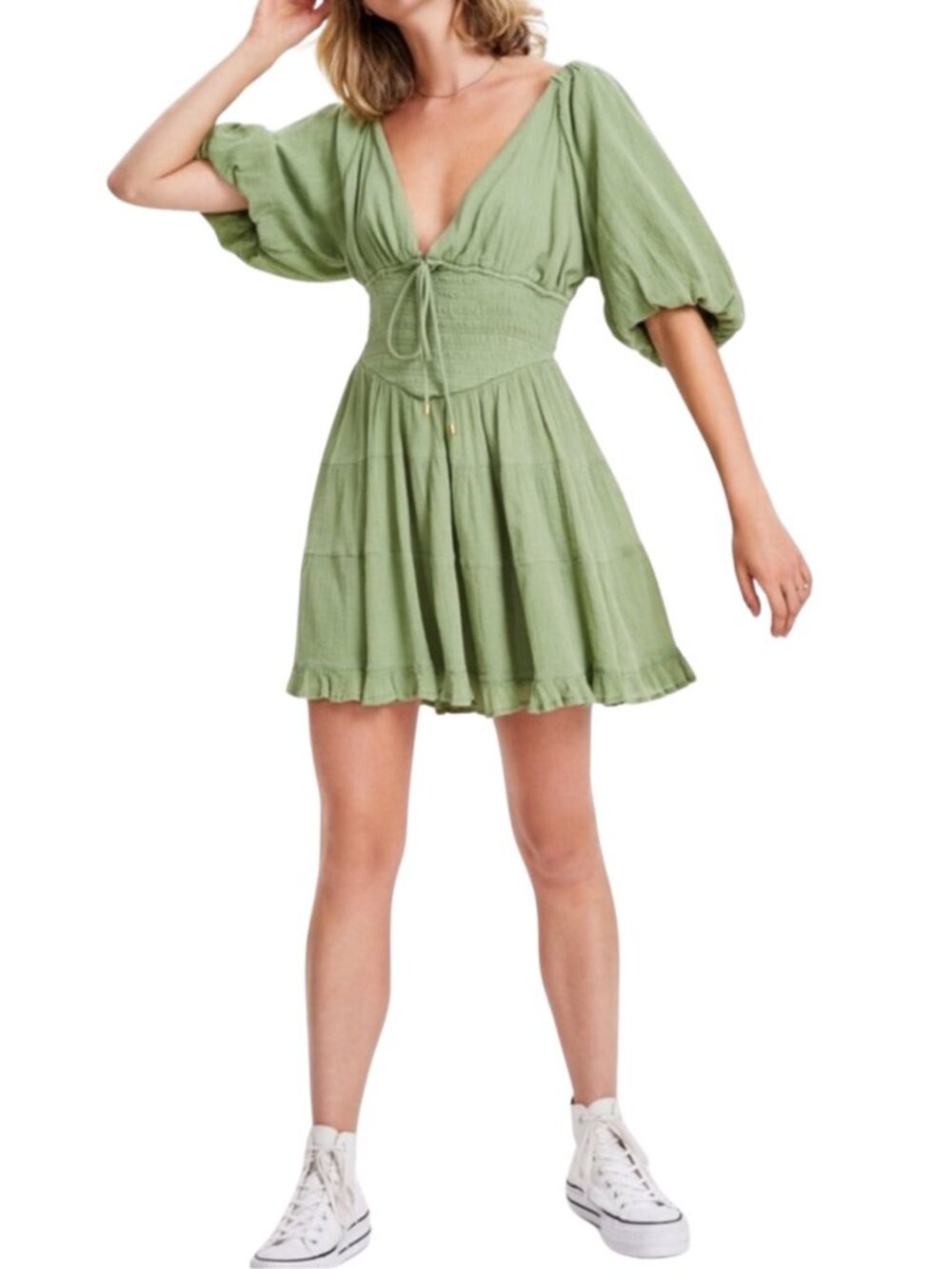 NWT Free People Perfect Day Cotton Mini Dress Sz M Green Balloon Sleeve Boho